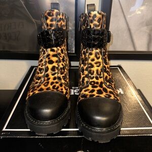 Karl Lagerfeld Paris Maeva Leopard Buckled Combat Boots